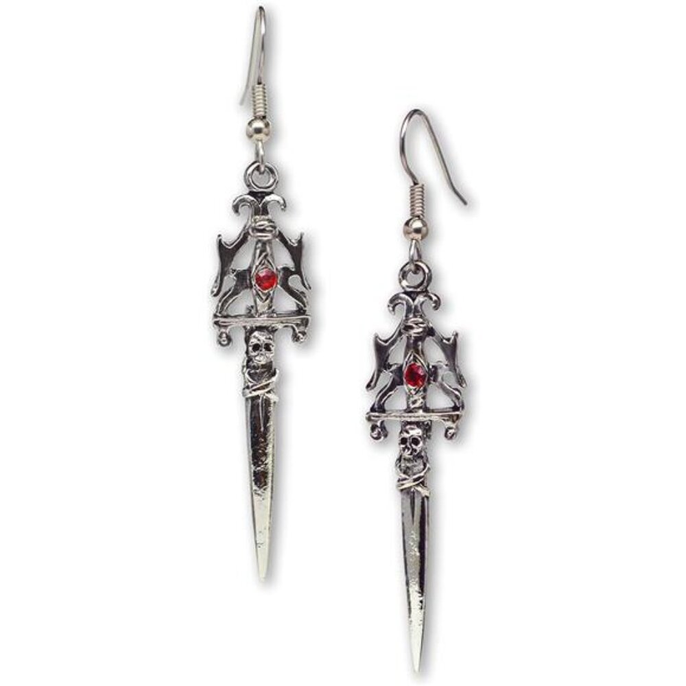 Gothic Skull Dagger Dangle Earrings - Medieval Renaissance with Red Austrian Cry